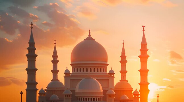 Minimalist mosque dom low angle, the scene is set against an outdoor backdrop at sunset, with warm hues in the sky footage