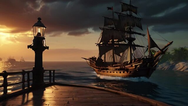 Pirate Ship Leaving Harbor at Sunset Past a Lighthouse