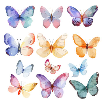 Watercolor painting of a colorful butterfly set, isolated on a white background, colorful butterfly vector, drawing clipart, Illustration Vector, Graphic Painting, design art, logo