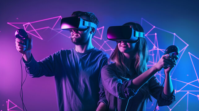 Metaverse VR virtual reality game playing, man and woman play metaverse virtual digital technology game