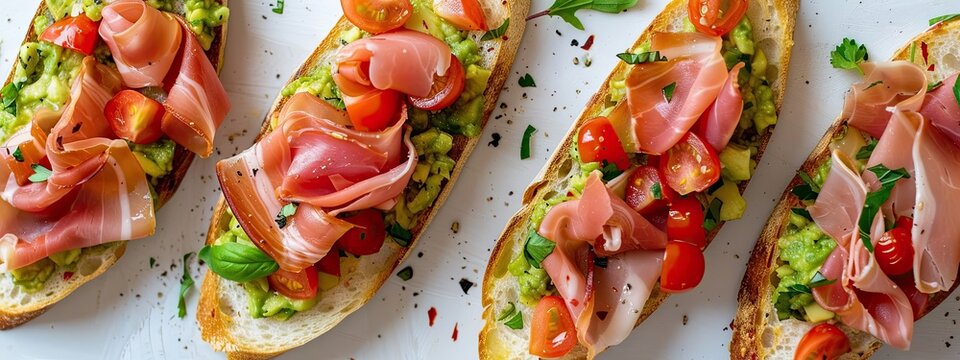 Turkey ham bruschetta on sliced avocado on a white background