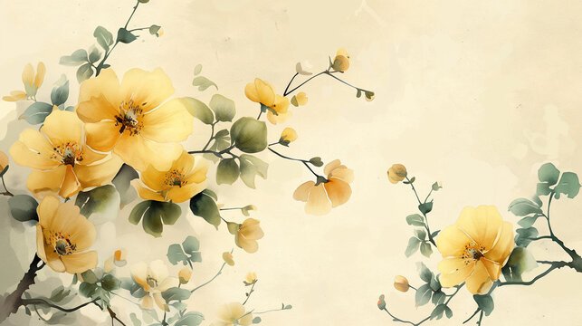 White background, light yellow watercolor flowers on the left side of beige paper, hand drawn style, in the style of traditional Chinese painting, simple and elegant, with white space in front.