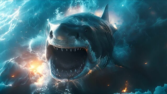 A giant shark with its mouth wide open and teeth bared, swimming towards the camera.