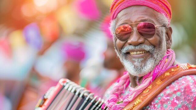 Elderly Caribbean Musician Playing Accordion at Outdoor World Folklore Day Event with Colorful Decor