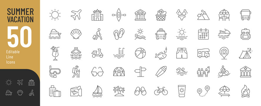 Summer Vacation Editable Icons set. Vector illustration in modern thin line style of travel related icons: sea, surfing, beach, hotel, and more. Pictograms and infographics for mobile apps.