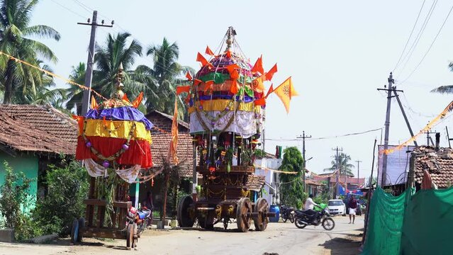 Traditional giant Chariot for Festival on the street of the village in Karnataka. India