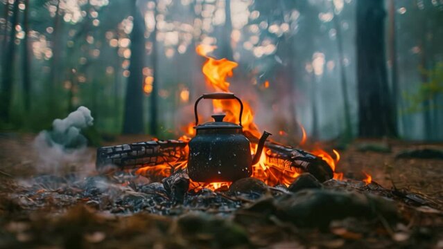 Kettle on campfire background A large black kettle on a forest camping stove. Bonfire at night, adventure or travel concept