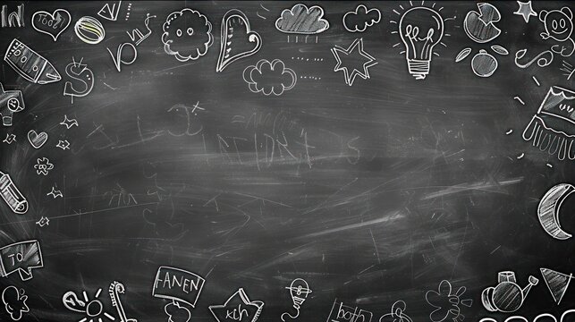 Blackboard background featuring delightful kindergarten icons. Ideal for preschool settings.