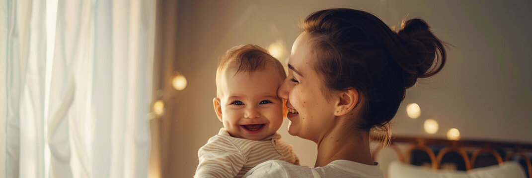 Smiling two-shot photo of mother and baby