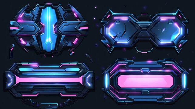 This set of gui elements features a sci fi-style black metal border for the avatar along with a blue and pink glow.