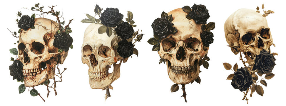 Vintage illustration skull with black roses png cut out element set