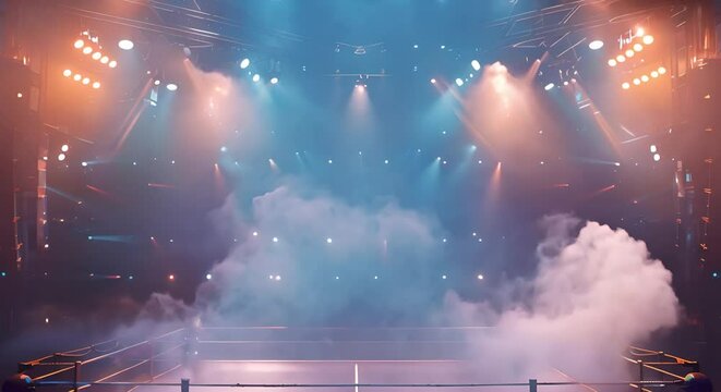 Boxing ring with smoke and stage lights creating surreal and enchanting atmosphere. Concept Surreal Lighting, Enchanting Atmosphere, Boxing Ring, Smoke Effects, Stage Lights