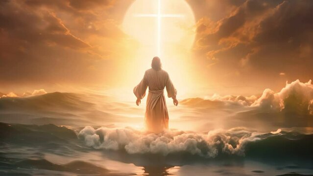 Image of Jesus Christ walks on water and praying to God 