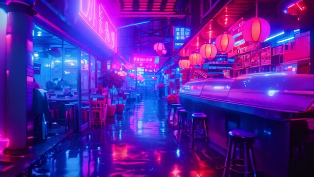 A photo capturing a wet street at night, illuminated by lanterns hanging from the ceiling, A psychedelic vision of nightlife at a Chinese food street