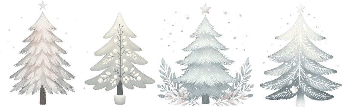 Watercolor Christmas tree clipart pastel color, white Xmas tree background transparent png