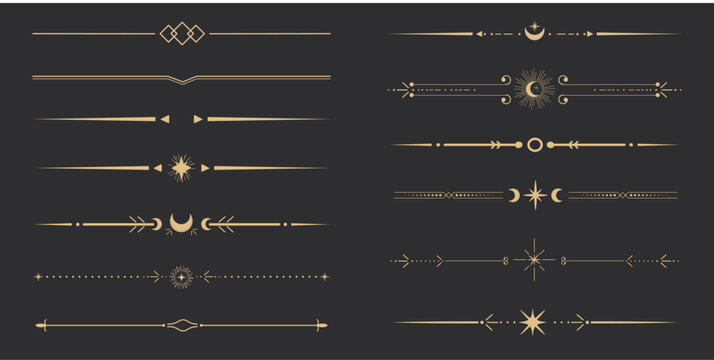 Golden divider celestial border with stars moon and sun thin line elegant simple decoration, mystic tarot separator, minimalist magic gold design element on dark background