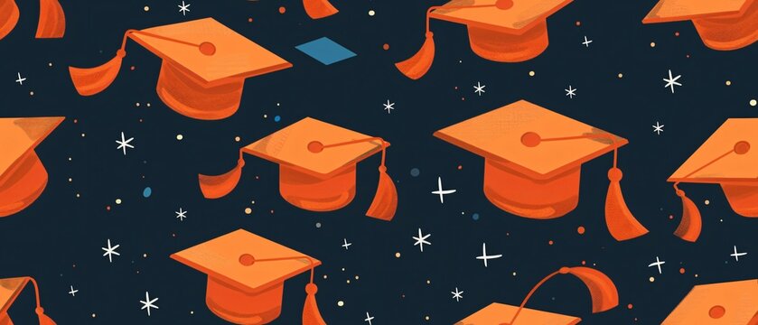 seamless pattern orange graduation cap background with glitter on a black background Celebrating  success