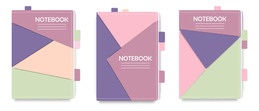 Set of vector notepads with geometric design in pastel colors. Abstract notebook cover page template for business and school. Stationery. Education concept.