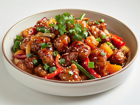 Sweet and Sour Pork on white background with copy space, japanese food