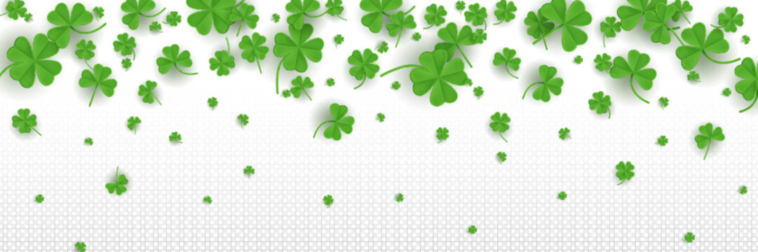 3d realistic clover background with four leaf. Lucky St Patrick day green shamrock border vector illustration. Grass frame header banner with trefoil ireland cloverleaf seasonal spring decoration.