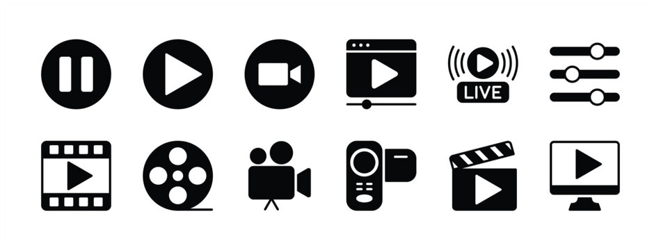 Video player icon set. Containing play or start button, pause or stop, media, camera, live, cinema, multimedia, film, handycam, clapperboard, movie, streaming or online video. Vector illustration