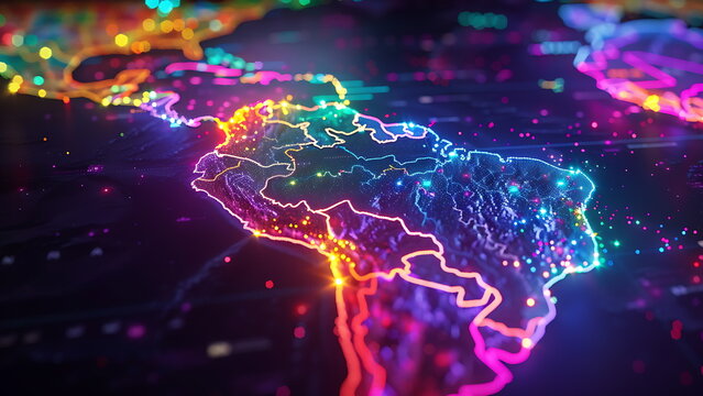 map of south america highlighted in neon light