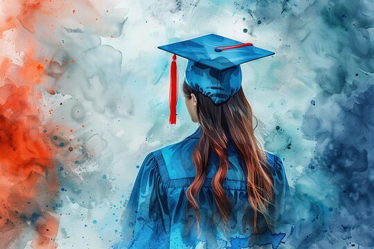 A beautiful woman wearing her graduation gown and cap is seen from the back with an airbrushed background in the style of blue paint and orange smoke blended together seamlessly in a watercolor style.