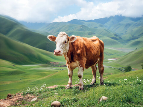 A cow stands on the green grass of the Mountain, A speechless beauty!  High-definition photos showcase its charming side profile and majestic figure against the backdrop of rolling hills.  