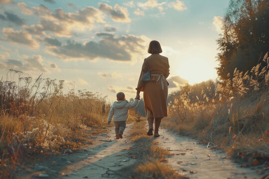 A photograph of a mother letting go of her baby to walk by herself, captured in a cinematic view.