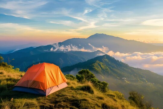 Camping tent on top of mountain in the morning 