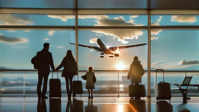 A family looks out the airport window at an aircraft taking off into the sky