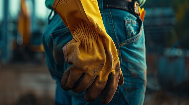 Close-up photo of a Caucasian contractor donning construction safety gloves, preparing for work