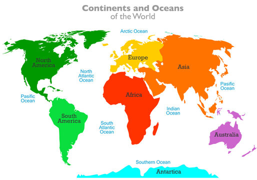 Continents, oceans, world map. North, South  America, Europe, Africa, Asia, Australia, Antarctica. Five oceans, Pacific Atlantic Arctic, Indian, Southern. Vector illustration 