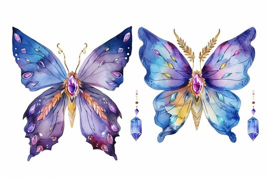 watercolor butterfly fairy wings with gems and crystals isolated clipart set