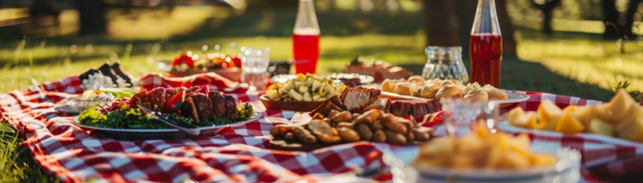 Memorial Day : A red and white checkered blanket is spread across the grass, laden with a delicious spread of food. Platters of BBQ favorites