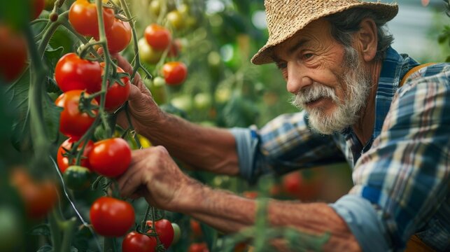 A farmer inspecting the growth of organic tomatoes in a controlled environment