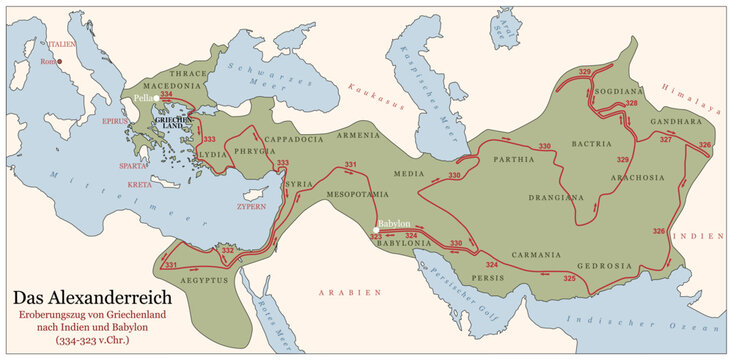 The Empire of Alexander the Great on his conquest course from Greece to India to Babylon 334 to 323 BC. German labeled history map with towns, provinces and years. German labeling. Illustration