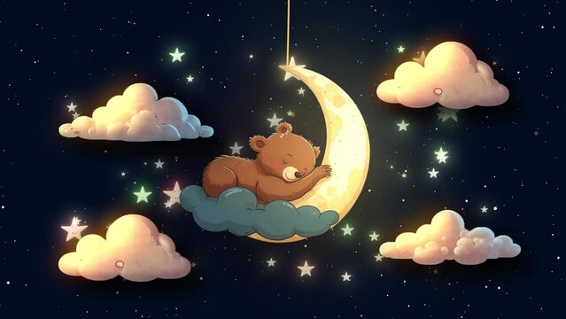  Cute Animals Baby Bear Dreaming And Sleeping At Stray Nights Glowing Stars And Clouds Moving On Black Sky, Baby Bear Sleeping On Moon On Dark Black Sky.  Cartoon Animation Kids Background. Cute Anima