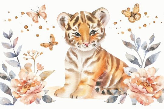 A watercolor clipart of a cute tiger cub sitting on a white background, surrounded by playful elements like butterflies and flowers, with soft pastel colors