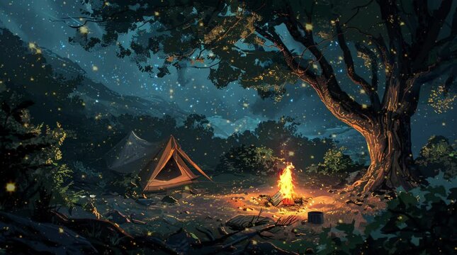 tent in the forest with campfire in the beautiful night. 4k background animation video loops and seamlessly