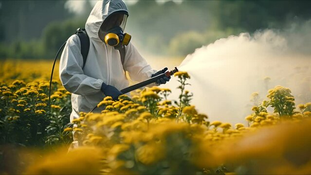 Costume spraying pesticides , Farmer spraying vegetables in the garden farm ,  an herbicide linked to cancer