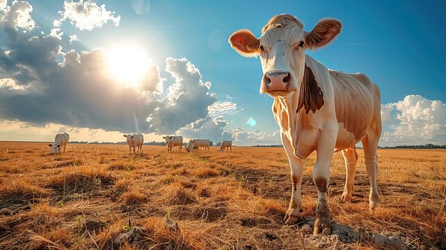 cows in a dry field under hot sun suffering from lack of water earth completely cracked by drought and climate change conceptual illustration of global warming.stock photo