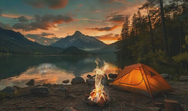 camping in the mountains with bonfire