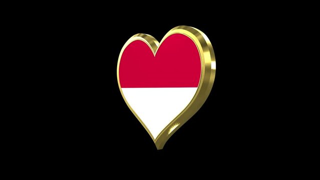 Indonesia Flag In Golden Heart Shape With Alpha Matte. Seamless Loop