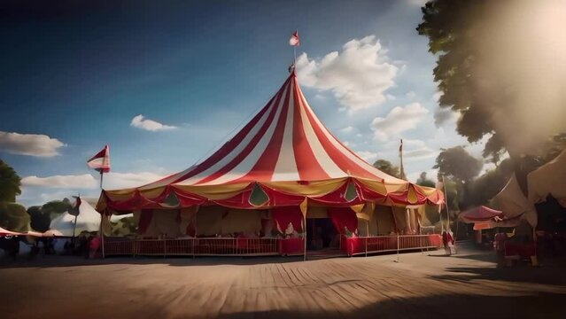 A circus tent carnival with red and white stripes on a summers day, seamless loop