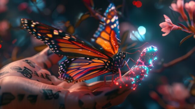 A surrealism butterfly responds to a hand equipped with biosensor technology, symbolizing the convergence of the Metaverse, Web3, and blockchain. This conceptual photo illustrates 