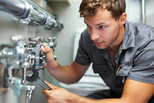 Full body photo of a mature male Caucasian plumber demonstrating how to properly install a new toilet using a wrench in a bathroom