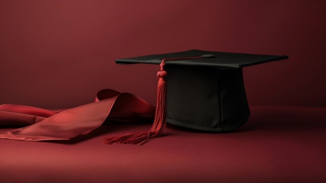 Black graduation cap with red tassel on the burgundy background.