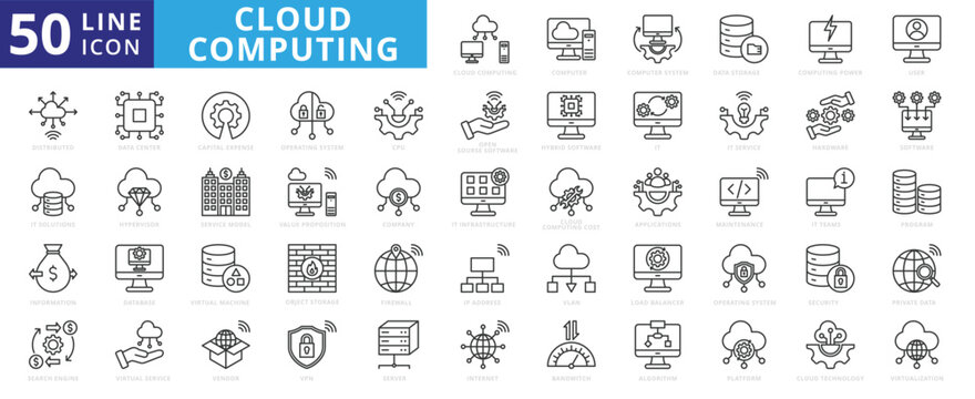 Cloud computing icon set with web, hosting, computer, operating system, database, storage, power, server, and data center.