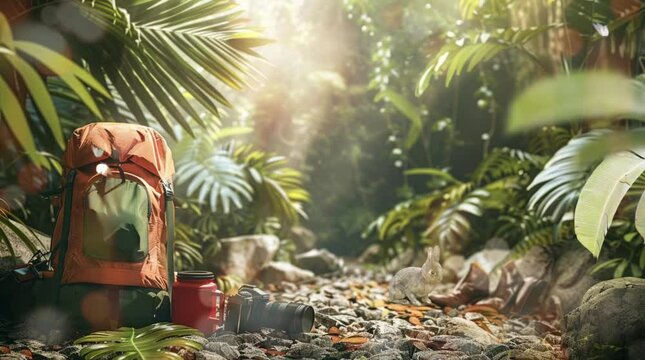 orange camping bag with camera and water bottle. forest and camping background. Seamless looping 4K animated video